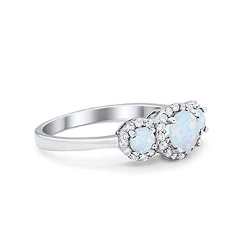 Halo Three Stone Lab Created White Opal Wedding Ring 925 Sterling Silver